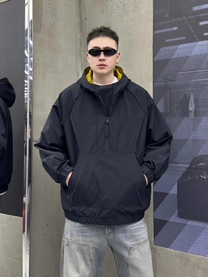 2025春季新款美式简约风连帽夹克日系男士潮流纯色百搭套头外套潮