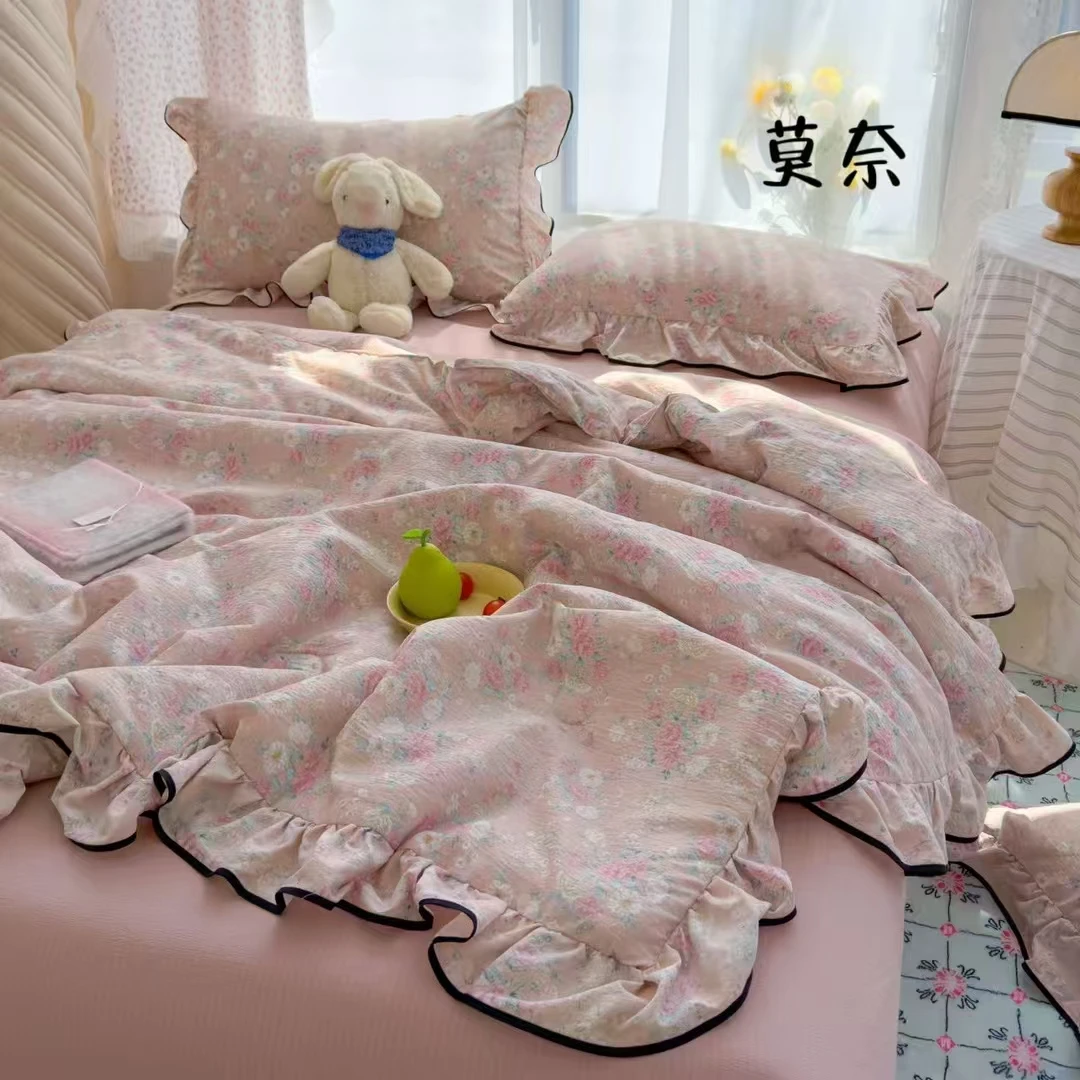 【夏被四件套】皱皱纱花边云感夏被四件套薄款夏凉被小清新空调被