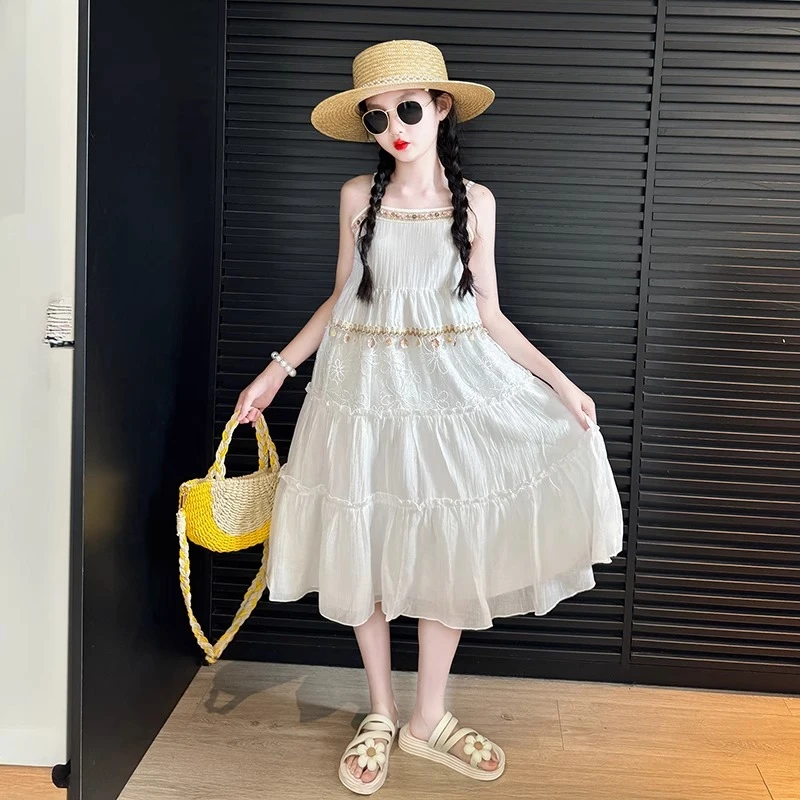 女童裙子夏高级感2025新款大童女孩海边沙滩吊带裙波西米亚连衣裙