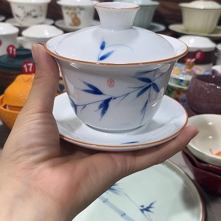 微瑕手绘三才盖碗竹子