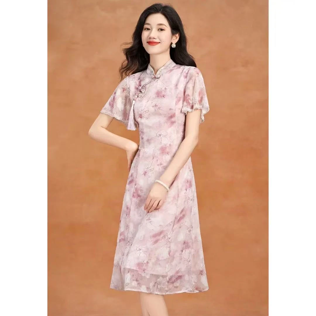 【清仓】新中式改良旗袍2025夏季国风盘扣立领气质连衣裙刺绣旗袍