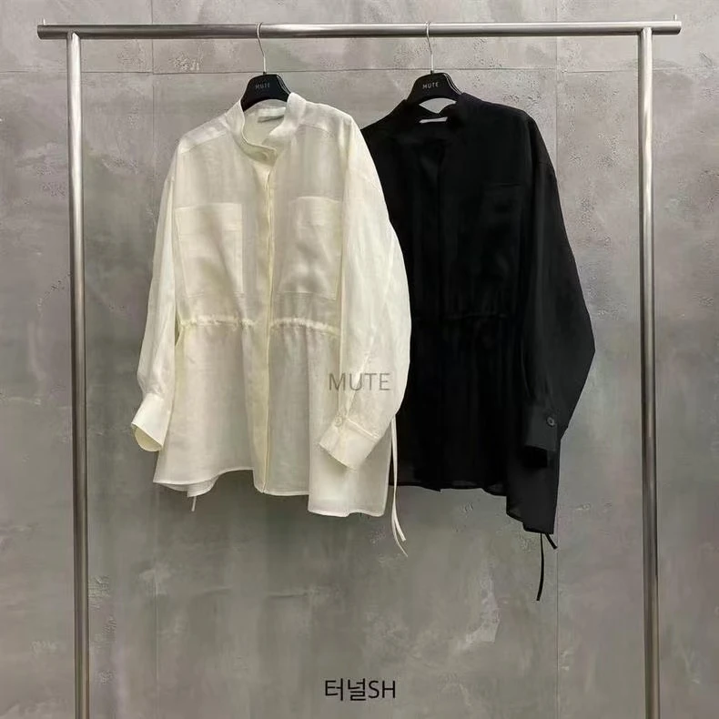 韩单 mut*e 春夏轻薄高级感高支苎麻防晒衣抽绳系带简约长袖衬衫