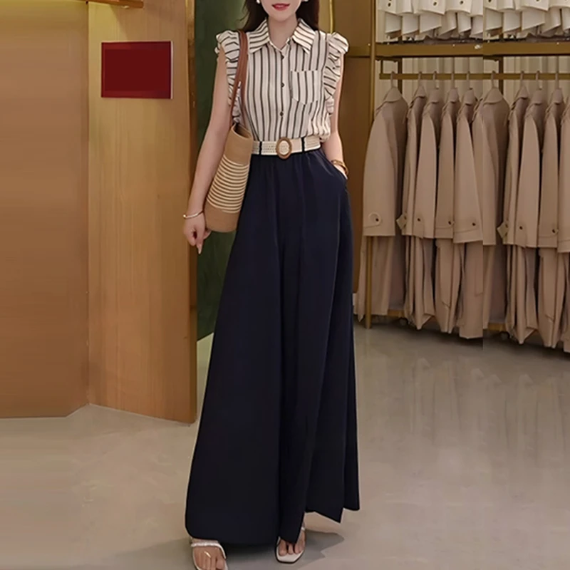 港风时尚套装女2025新款夏季条纹显瘦小飞袖衬衫高腰阔腿裤两件套