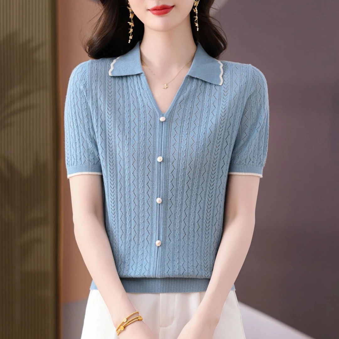 25天丝新款女士夏季POLO领口排扣设计时尚百搭减龄短袖上衣