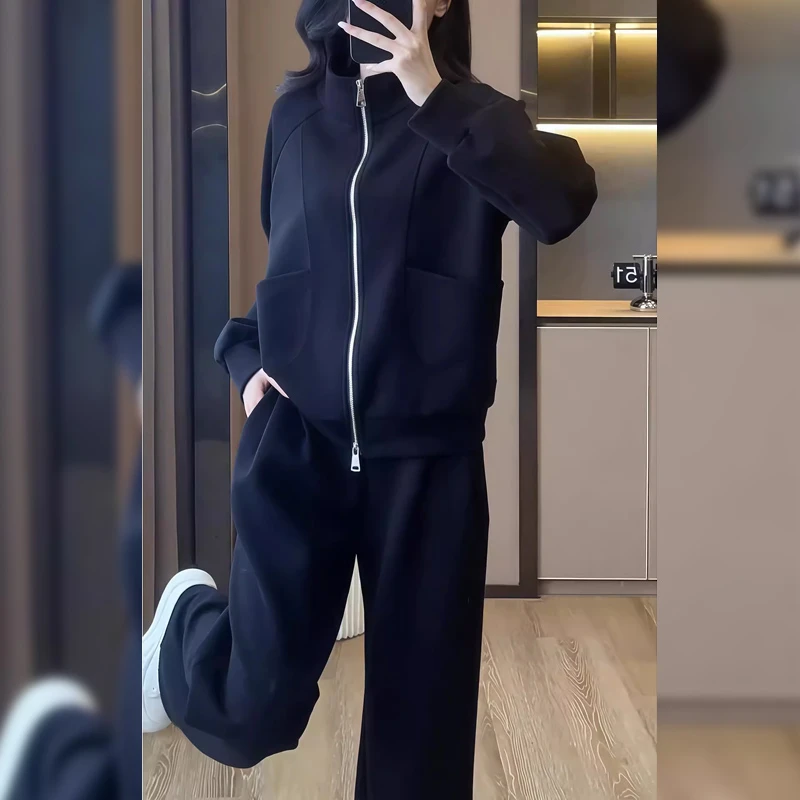 套装女士2025春秋季新款时尚双拉链卫衣运动服外套阔腿长裤两件套