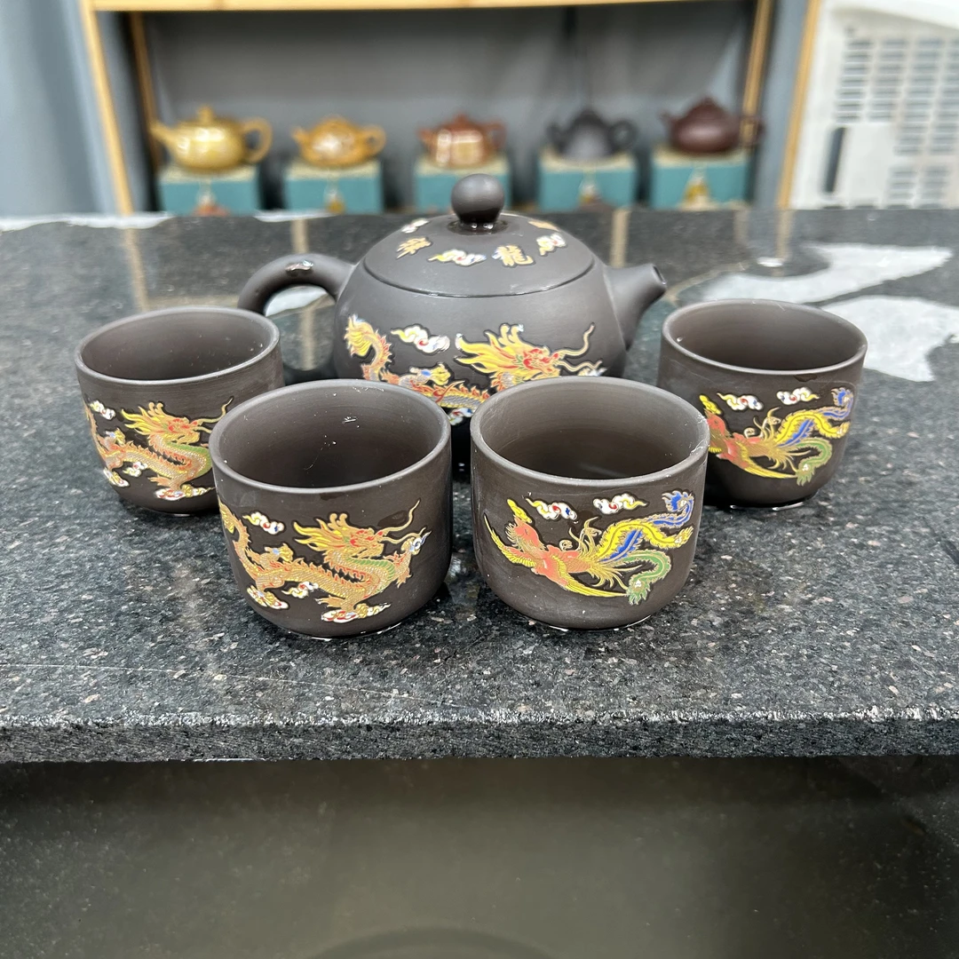 黄龙山原矿紫砂龙凤呈祥变色西施壶（1壶+4直筒杯）