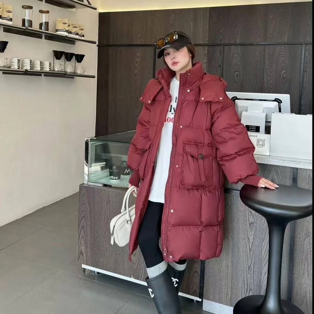 小静折扣~A950P秋冬拉链针织螺纹袖口中长款连帽羽绒服（卡码拍大）