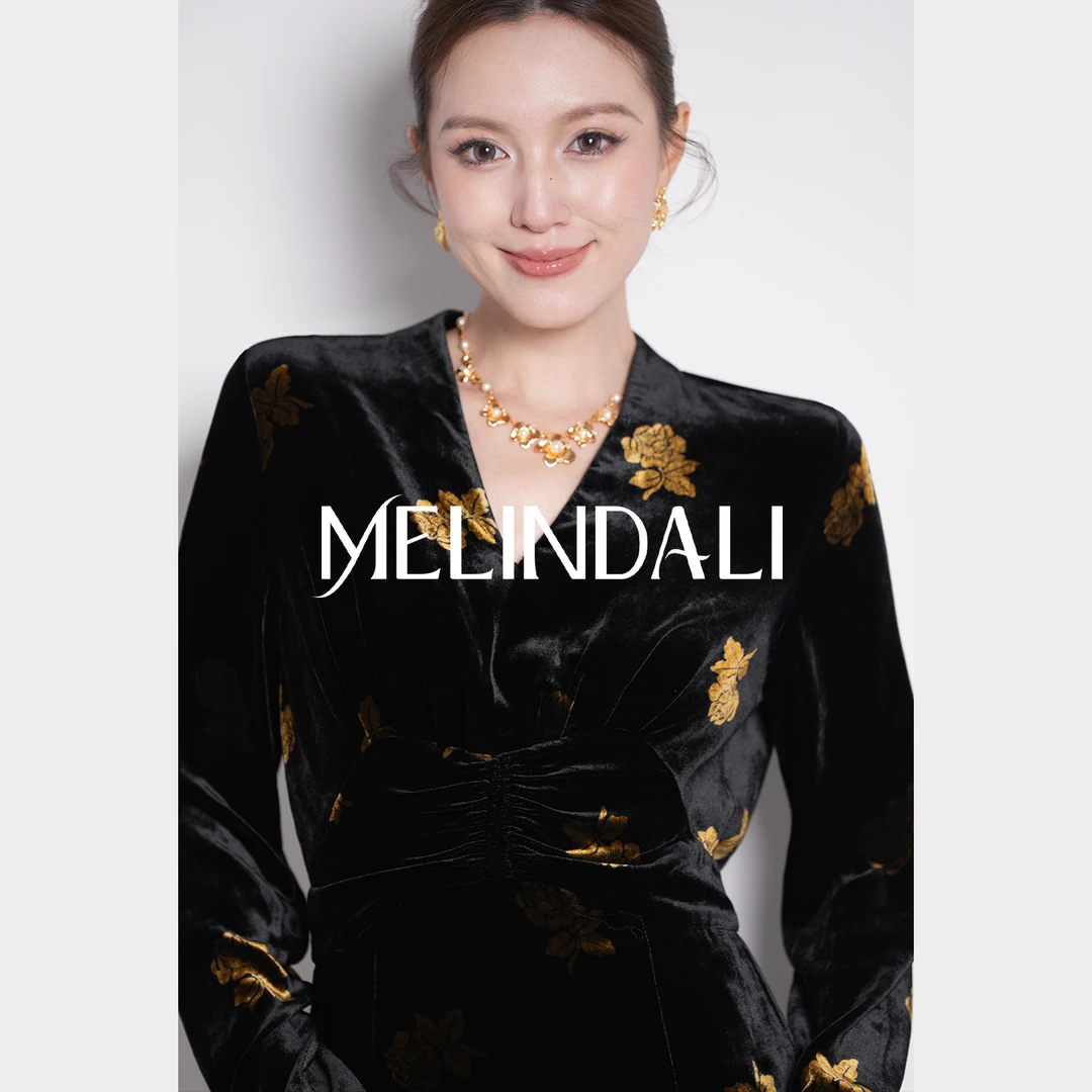 Melinda Li【鎏金繁花】新中式桑蚕丝丝绒金玫瑰立裁V领收腰连衣裙