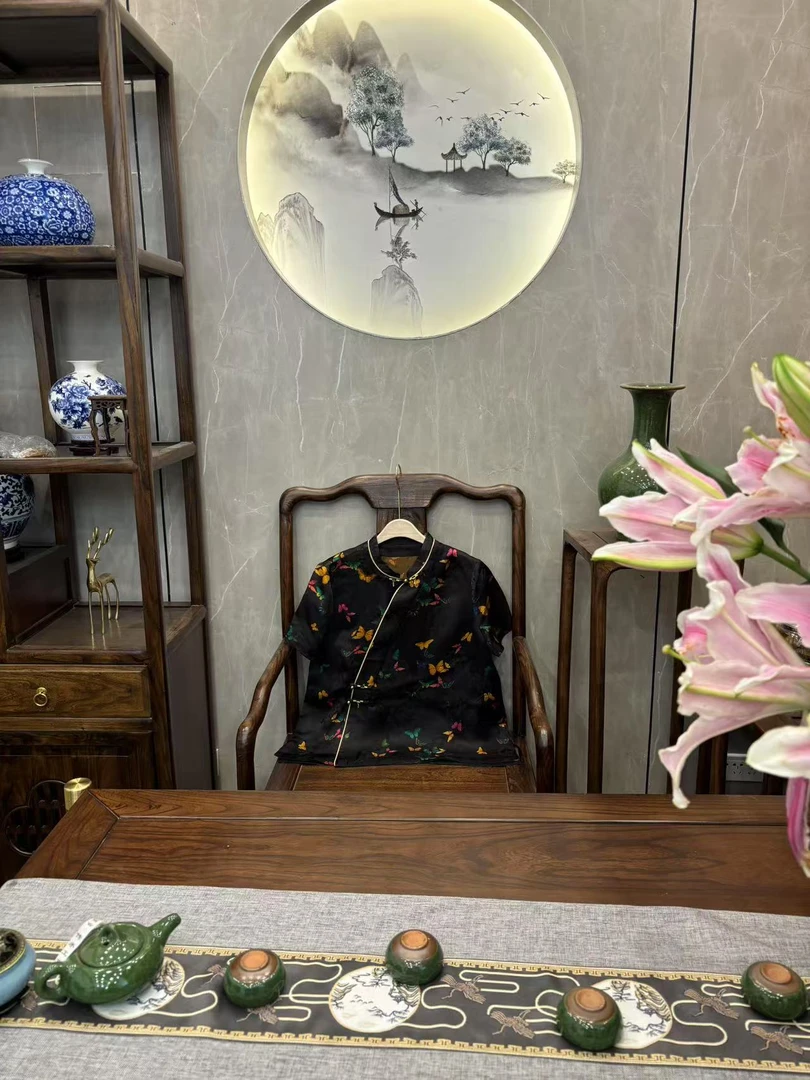 【沅媛】新中式百搭国风女暗纹提花蝴蝶短袖斜襟气质上衣小衫70022