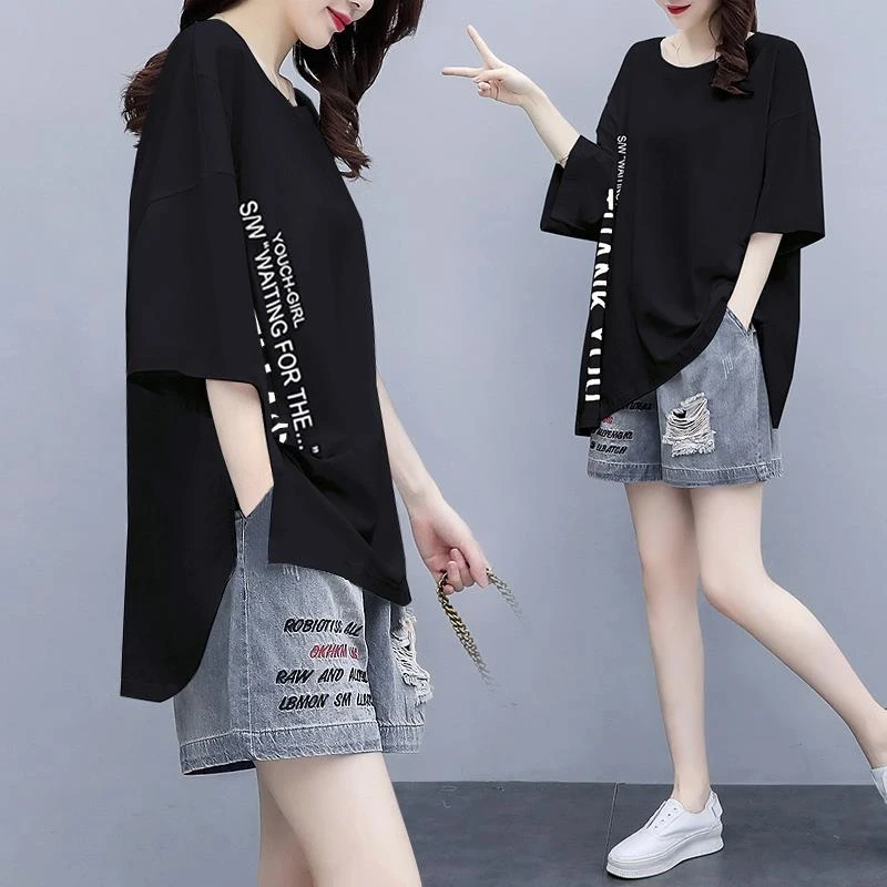 2025夏季新款韩版宽松显瘦时尚套装女短袖t恤+休闲牛仔短裤两件套