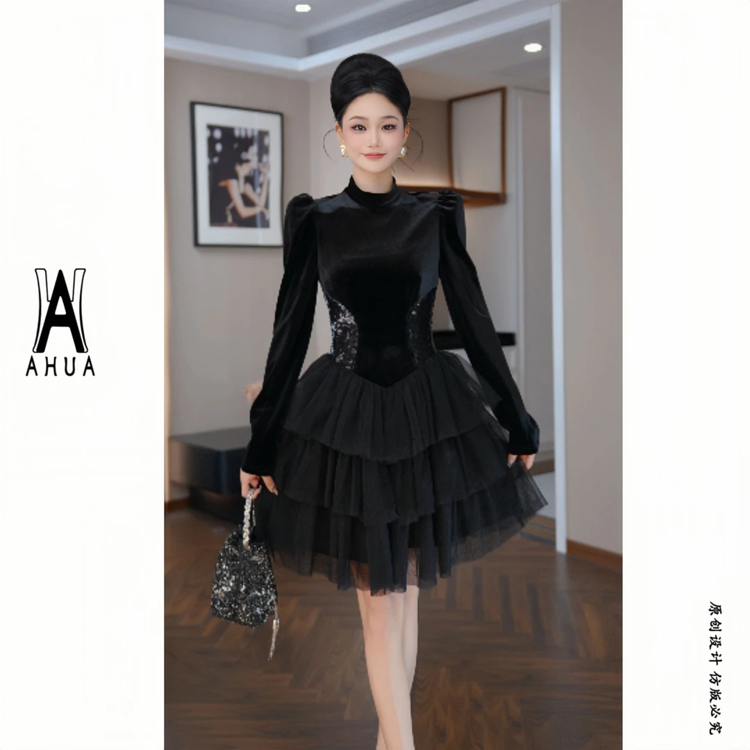 【花花原创】气质简约收腰减龄少女轻奢时尚名媛静奢风连衣裙61309