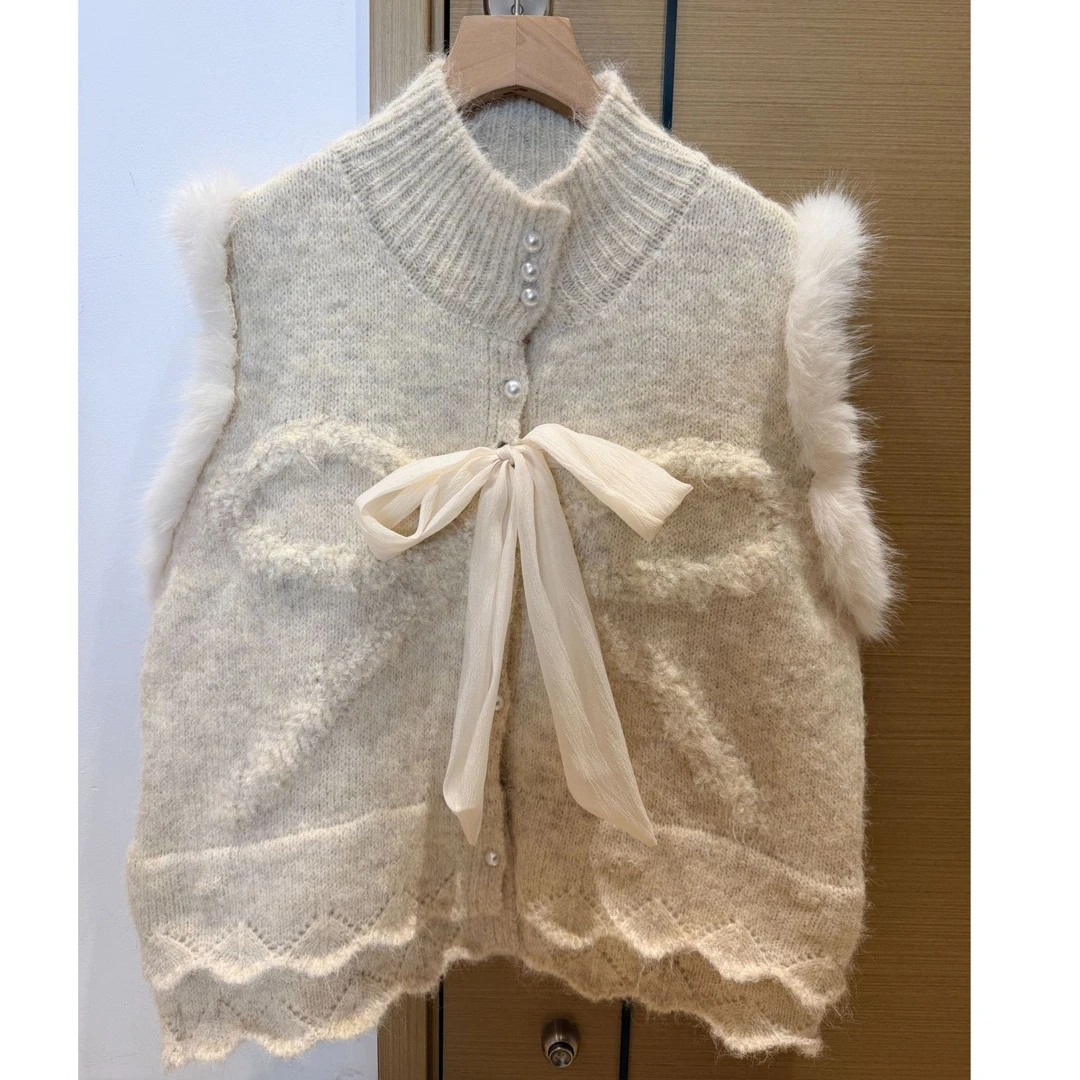 网红时尚冬季甜美风马甲蝴蝶结马甲半高领马夹温柔背心