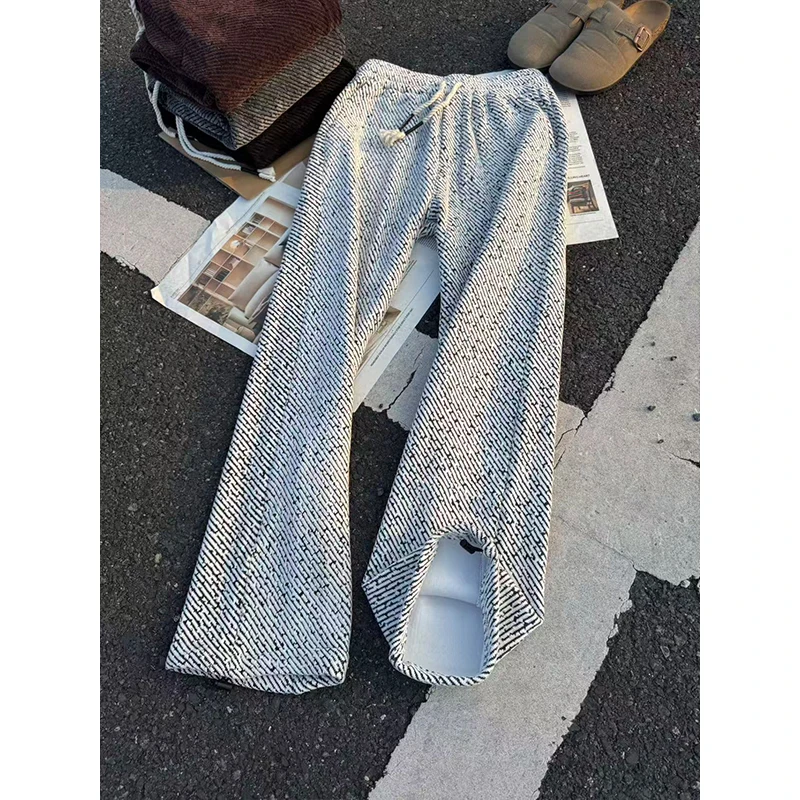 美式小香风斜纹针织卫裤男女款秋冬加绒加厚雪尼尔裤子直筒休闲裤