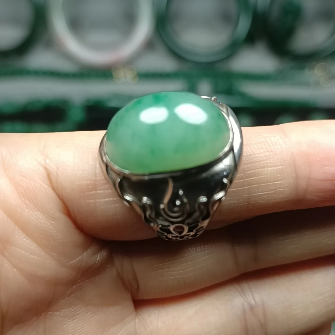 独山玉男戒指银S925镀金镶嵌