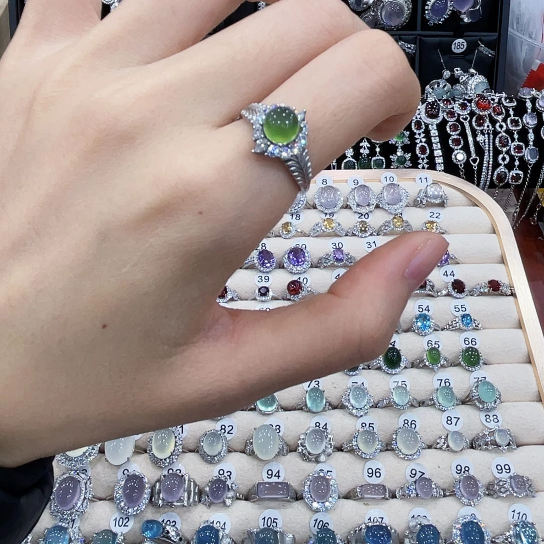 蛇纹石玉银S925镶嵌戒指戒指