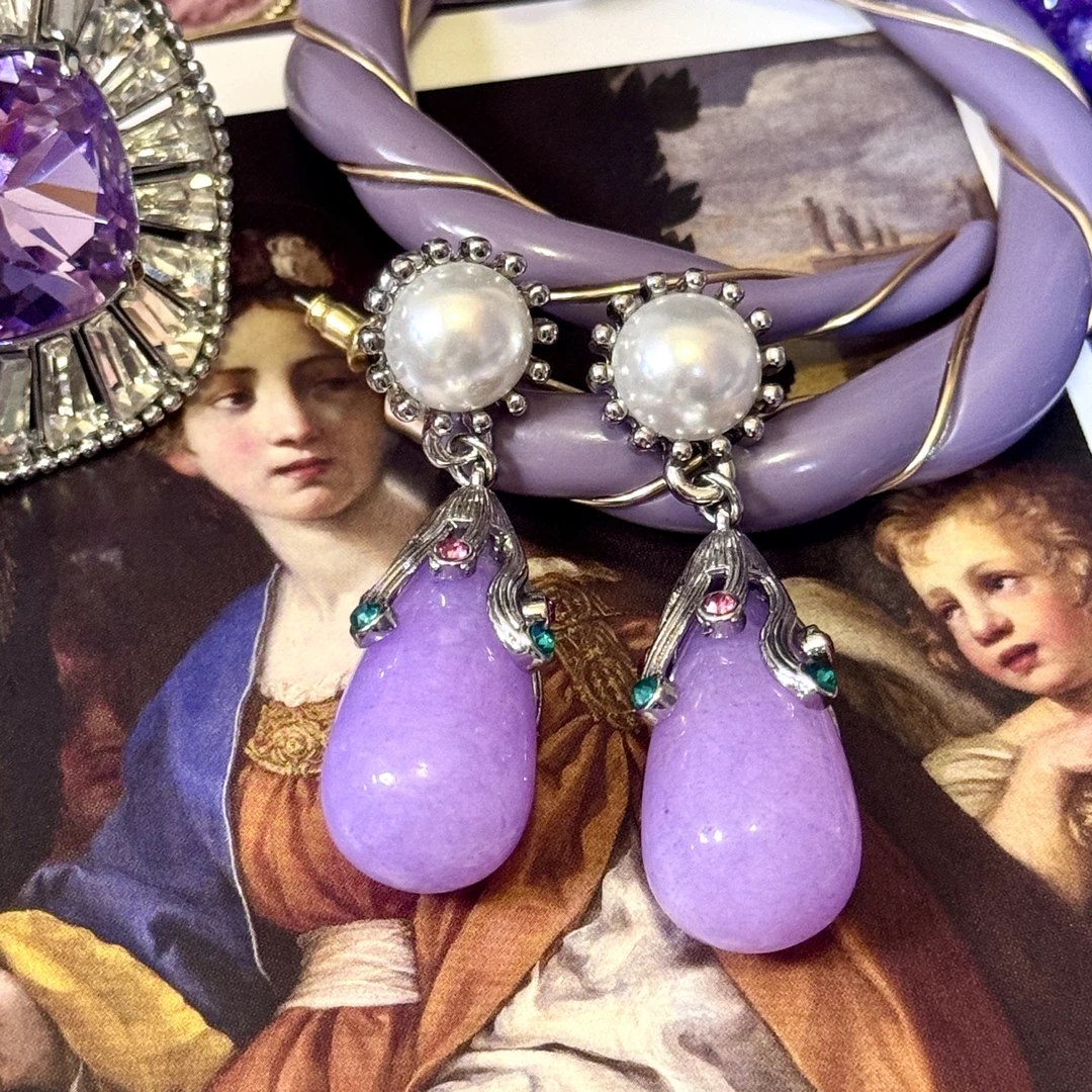 合金锆石耳饰 「银泊紫霞」气质!复古紫色耳环长款时尚水滴珍珠耳饰