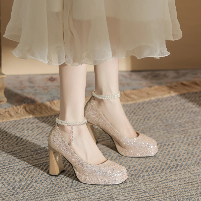 粗跟仙女风浅口珍珠一字带防水台高跟鞋2025新款夏季方头单鞋女