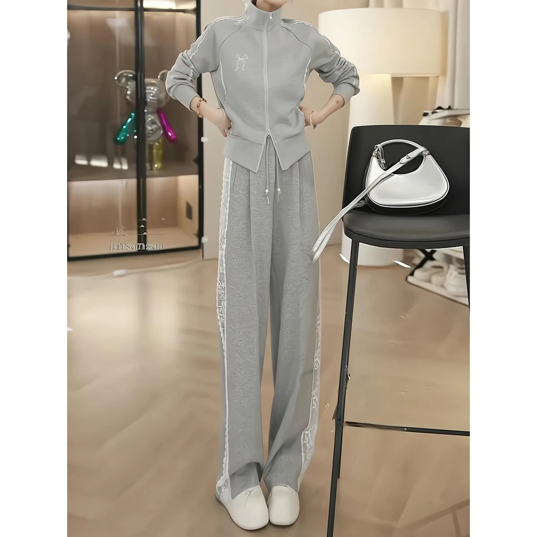 欧货高级感灰色休闲运动套装女秋季显瘦气质立领卫衣阔腿裤两件套