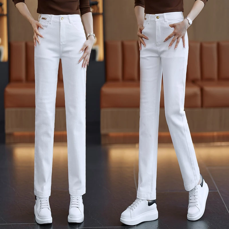 米白色烟管牛仔裤女春秋2025新款高腰显瘦小脚裤直筒休闲裤子