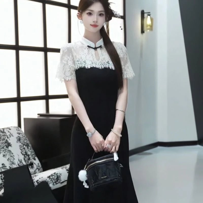 2025夏季新款新中式国风蕾丝拼接优雅气质连衣裙2025夏新品旗袍裙