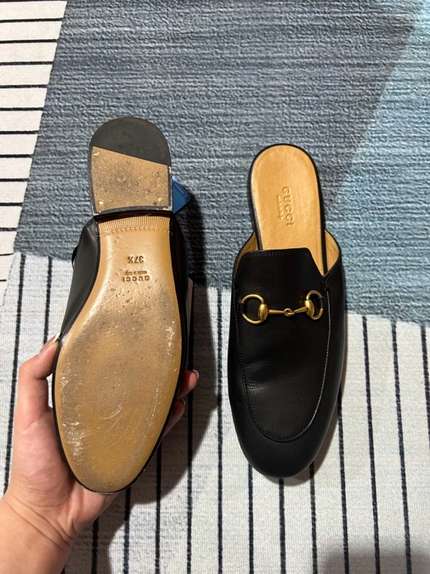 95新 GUCCI/古驰 黑色马衔扣乐福拖鞋三七半码
