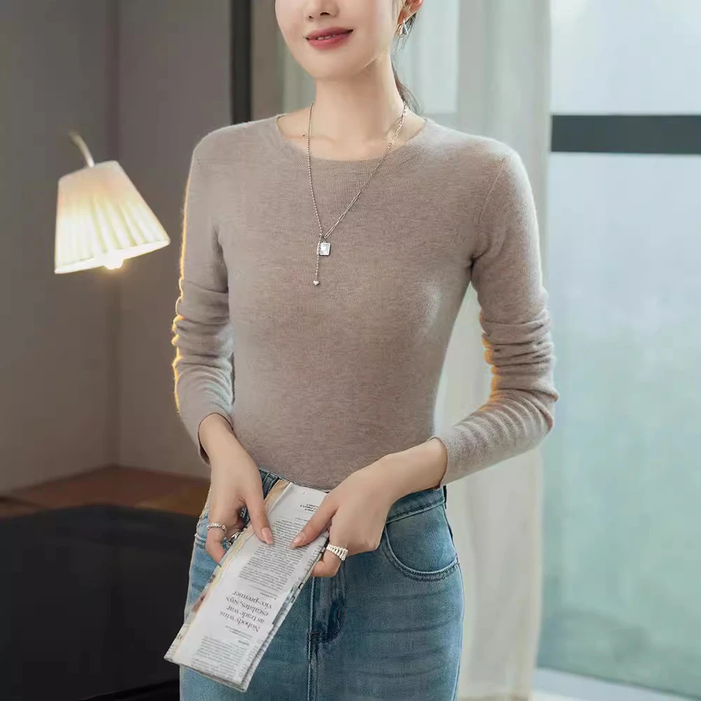 羊绒24秋冬新款精纺羊绒针织打底衫女保暖针织衫女长袖修身圆领羊