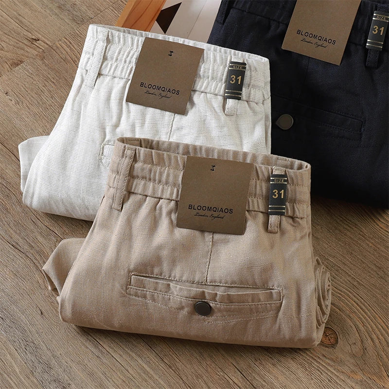 天丝亚麻裤子宽松直筒夏季薄款冰凉透气阔腿外贸男士休闲抽绳裤子