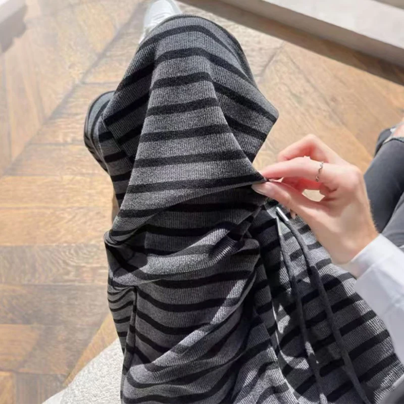 【4-10运补】简约条纹休闲裤女松紧腰显瘦时髦洋气百搭直筒阔腿裤T