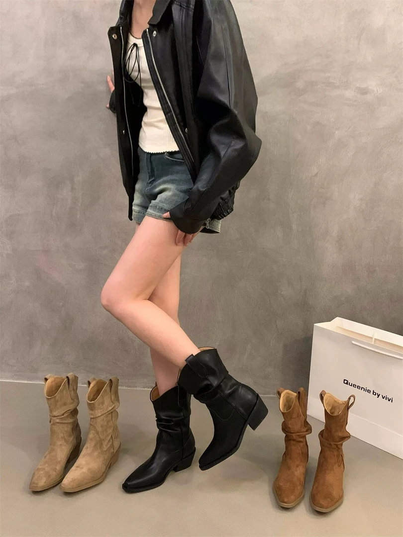 高跟靴复古堆堆靴V口西部靴褶皱马丁靴尖头粗跟短靴女