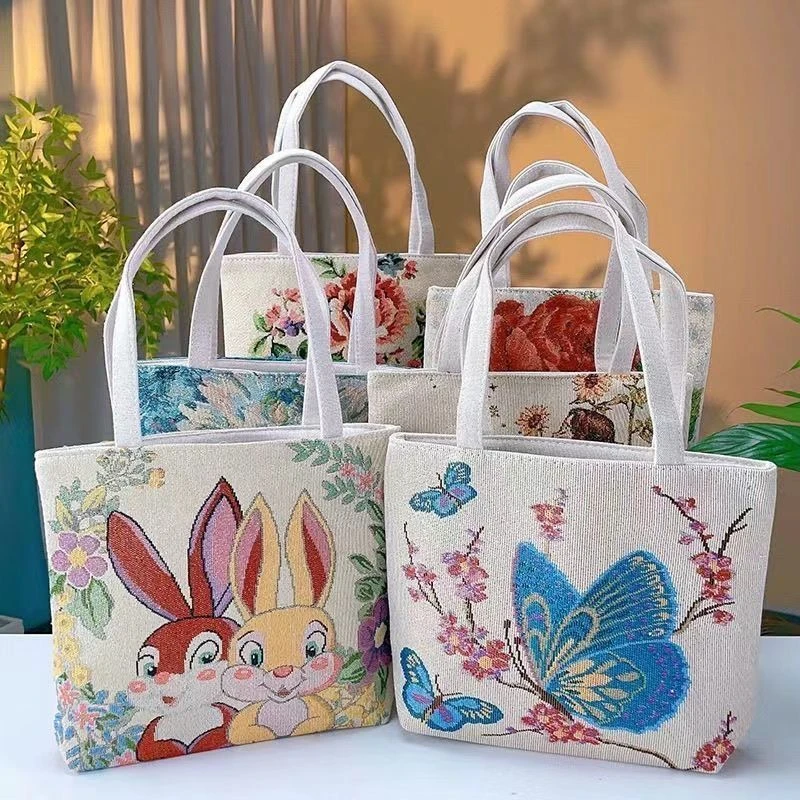 双面金丝手提帆布小包耐磨耐脏时尚百搭款刺绣带拉链手拎外出