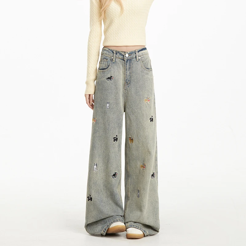 趣味小狗刺绣牛仔裤女2025春季潮牌美式复古水洗做旧显瘦直筒裤子