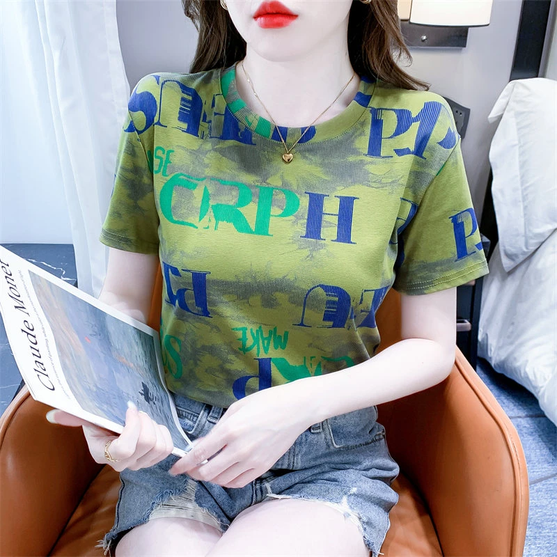 时尚字母印花纯棉短袖T恤女夏季新款宽松休闲遮肚子显瘦圆领上衣