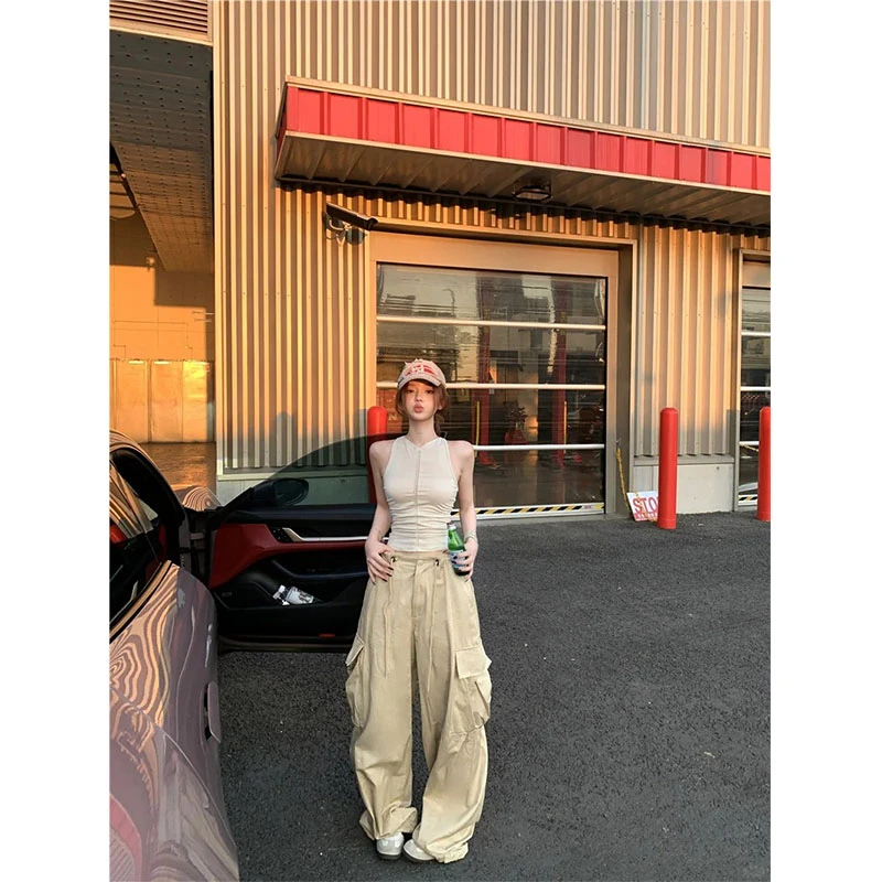 2025夏季新款简约风纯色背心无袖修身女显瘦复古高腰工装裤两件套