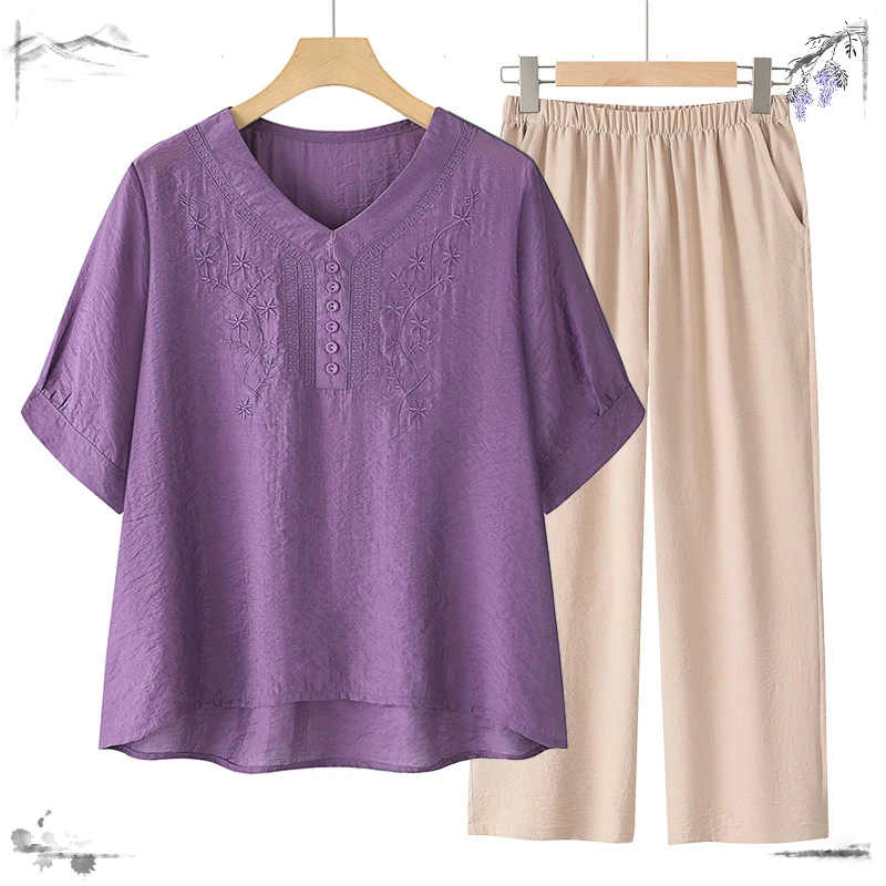 高档天丝麻套装高贵母亲刺绣短袖T恤夏季中年洋气妈妈装大码上衣
