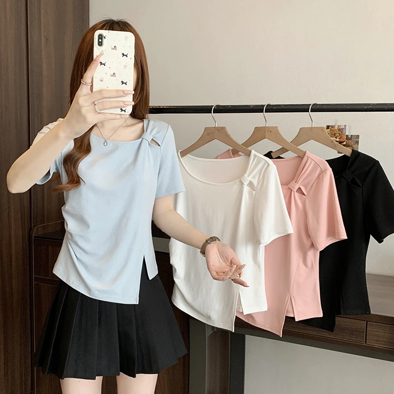 2025夏装新款胖mm大码女时尚设计感扭结不规则短袖T恤33860