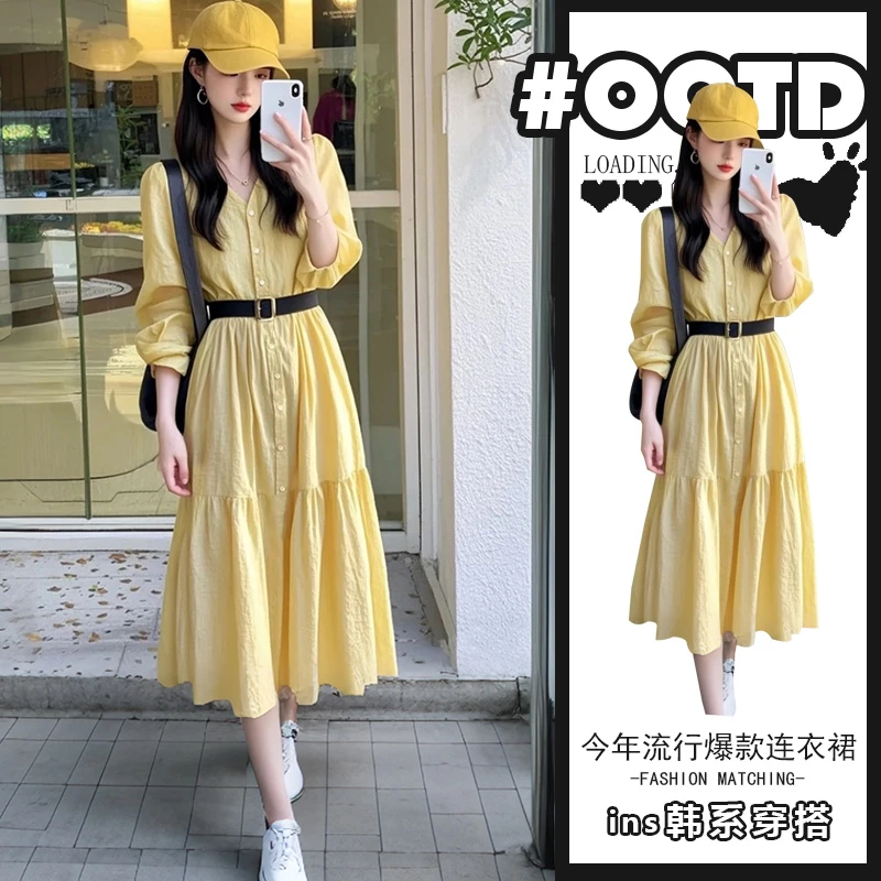 法式气质可甜可盐连衣裙女2025夏季新款时尚洋气v领长袖衬衫裙潮