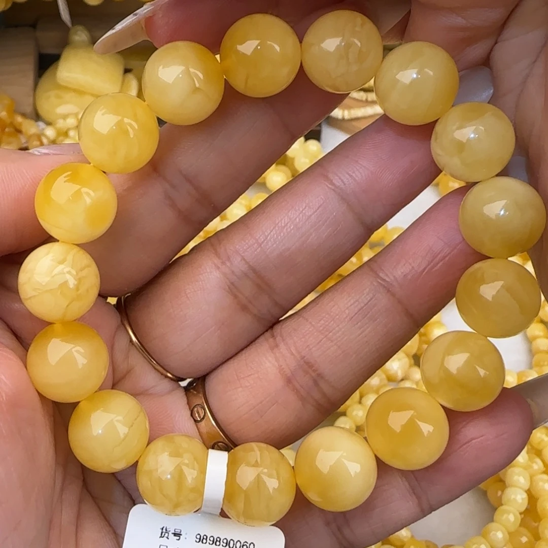 蜜蜡未镶嵌手链黄白花圆珠手串