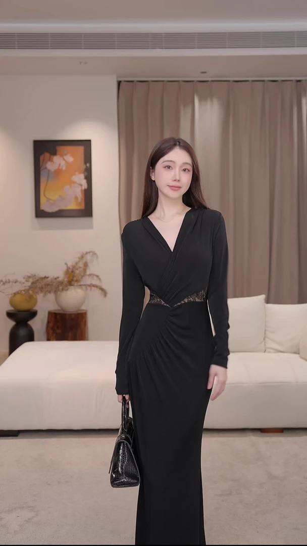 【苏渺】丝雅 名媛时尚气质显瘦收腰修身v领优雅裙长连衣裙-VG0342