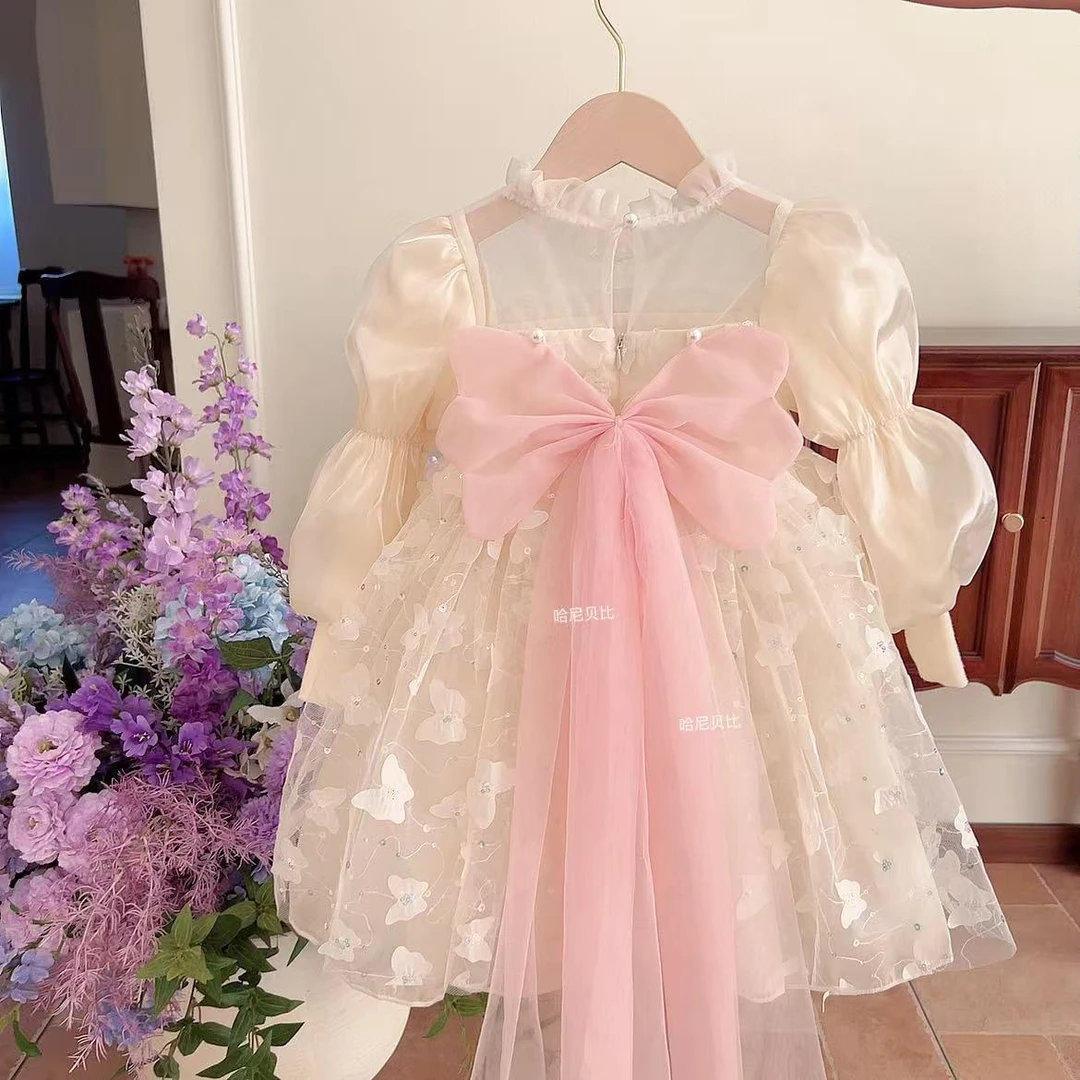 【J9622】长袖秋款2025重工刺绣香槟小蝴蝶公主裙女童公主裙网红