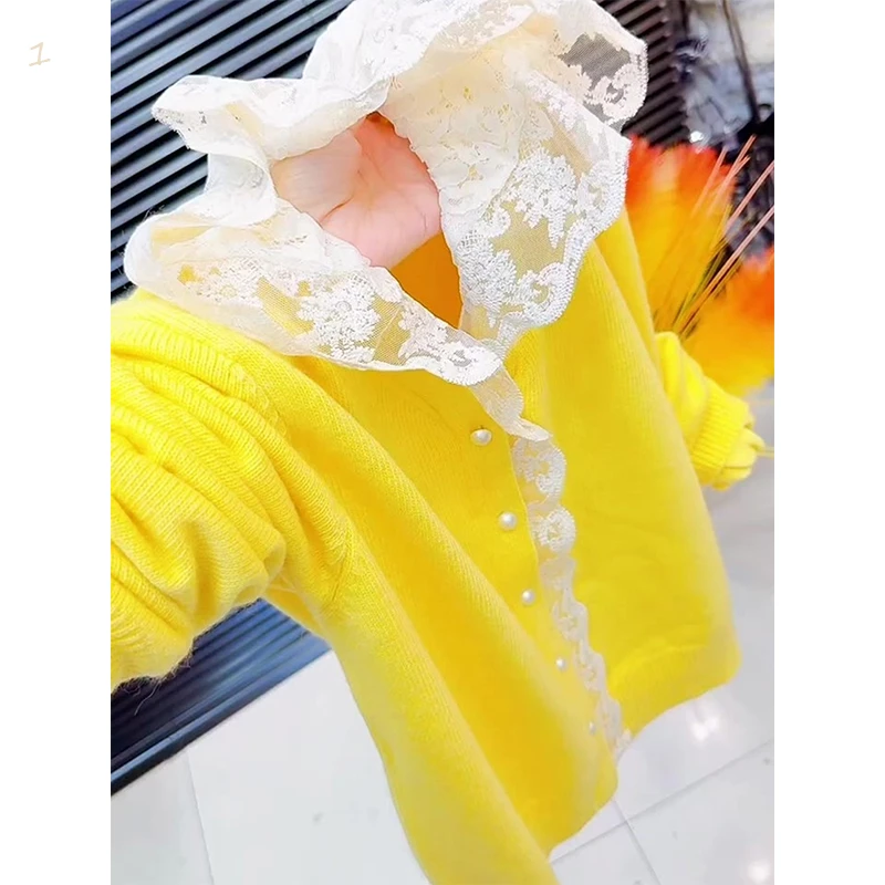 大码女装胖MM韩版蕾丝拼接针织开衫女秋季高级感宽松慵懒外穿上衣