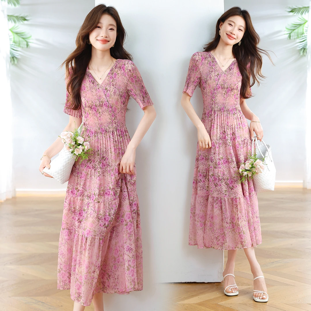 女士连衣裙2025年夏季新款时尚减龄休闲百搭修身显瘦碎花中长裙子