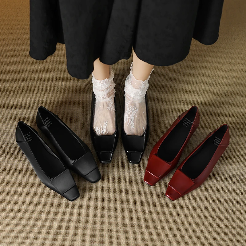 漆皮1公分/春季新款法式方头低跟百搭女鞋平底复古浅口真皮单鞋