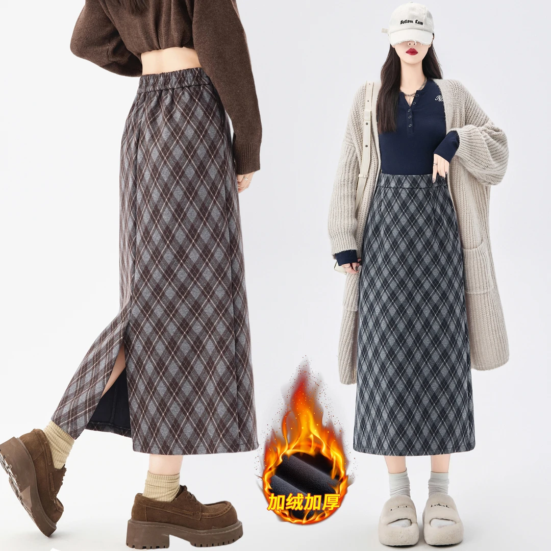 秋冬新款复古格子高腰A字女加绒显瘦遮胯开叉长裙港风遮肚半身裙