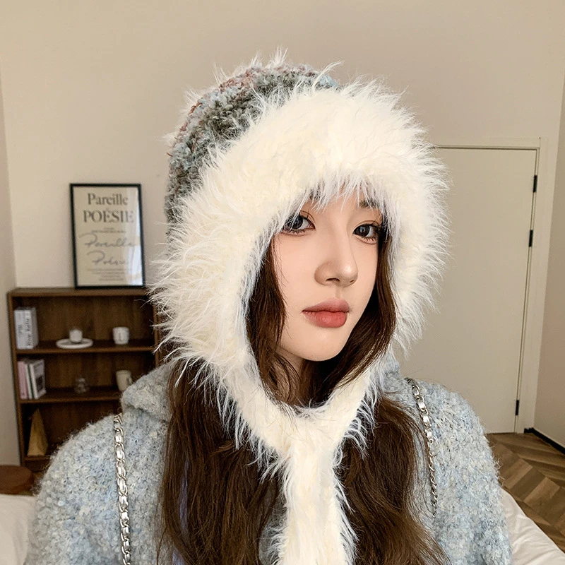 无檐雷锋帽毛线帽帽子护耳秋冬大头围毛毛时尚女保暖显脸小针织帽
