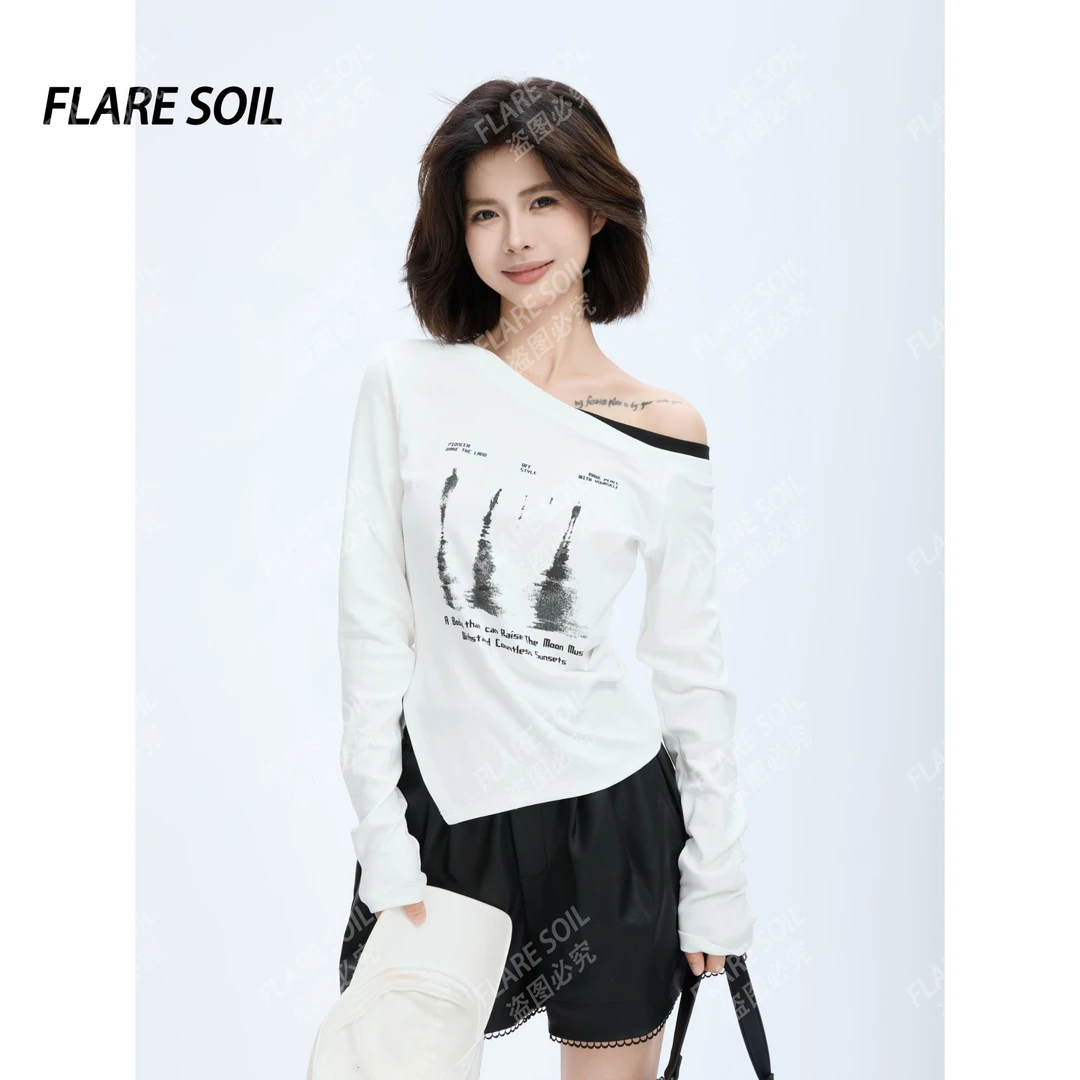 【FLARE SOIL】印花字母斜肩拼接设计感长T T4479A