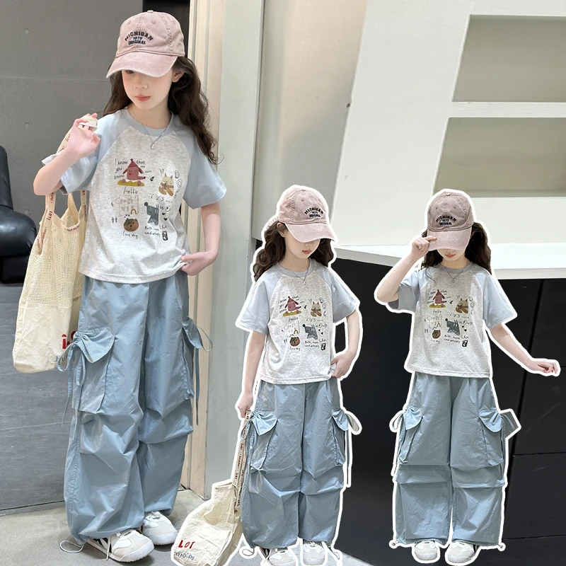 女童夏季洋气工装裤短袖t套装2025新款6-12岁女孩洋气韩版休闲T恤