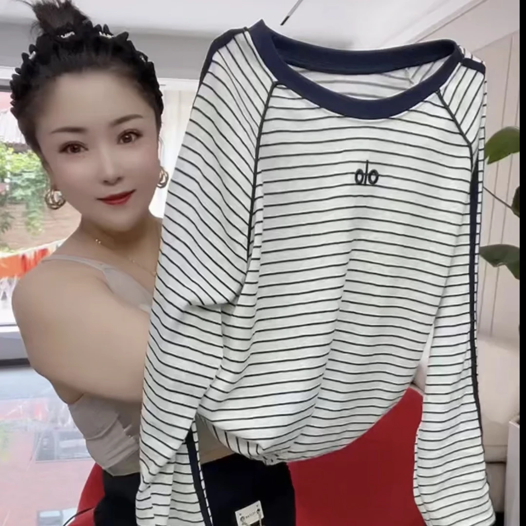 新款女装百搭时尚圆领抽绳长袖字母刺绣T恤