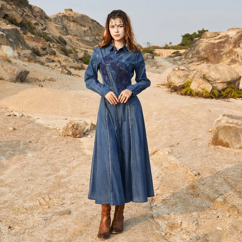 【可可原创】重工刺绣连衣裙女宽松复古气质显瘦翻领牛仔裙A82375