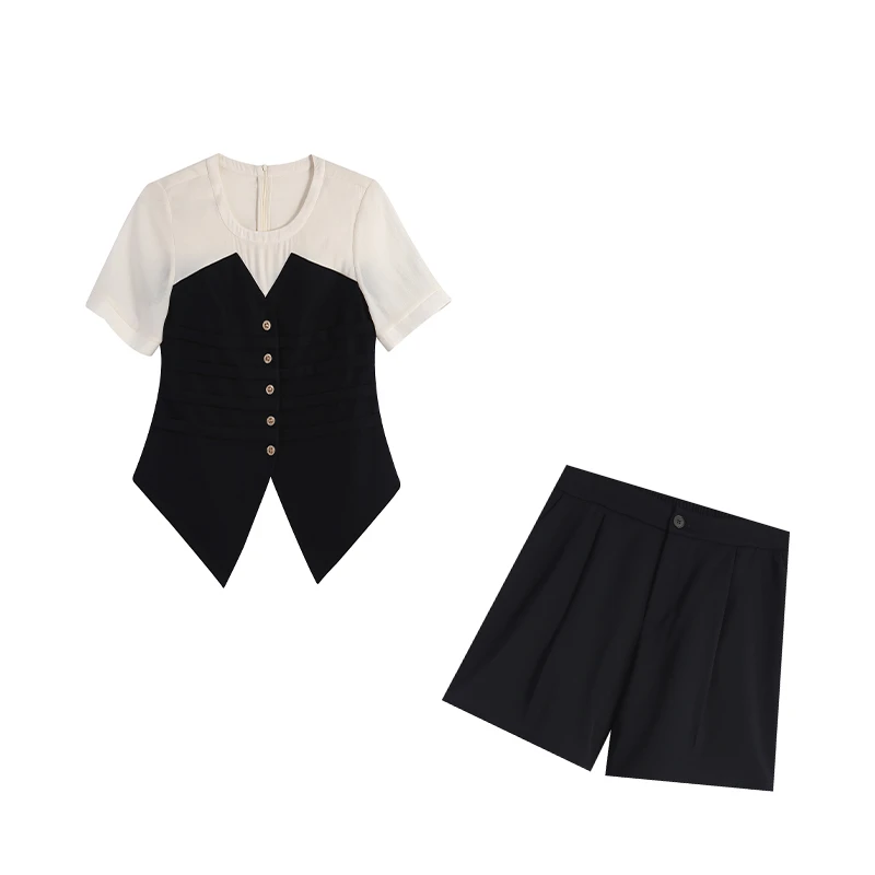 藏青色休闲小香风两件套ZL107187套装显瘦气质夏季上衣百搭短裤