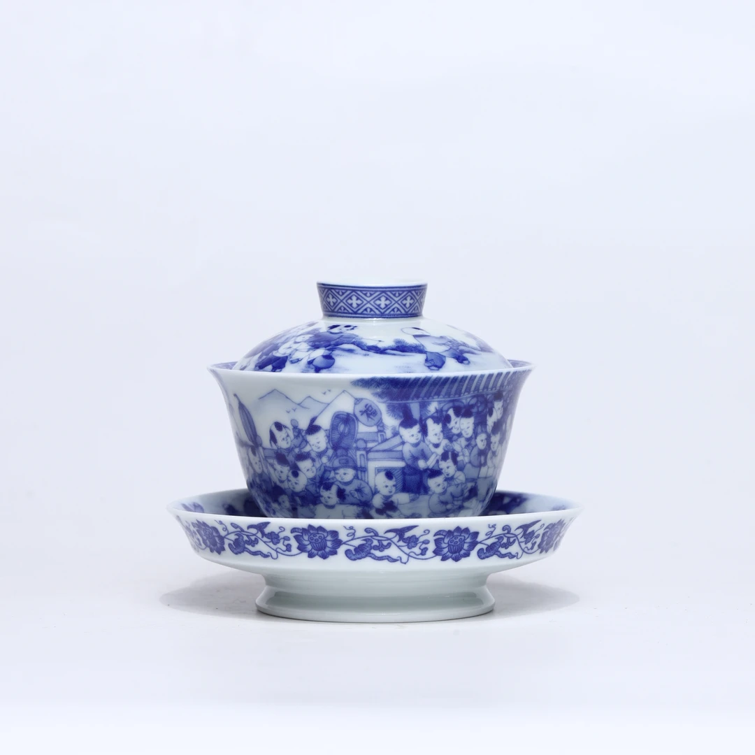 【非遗茶空间】景德镇产 百子图元融大盖碗 中式茶具茶器